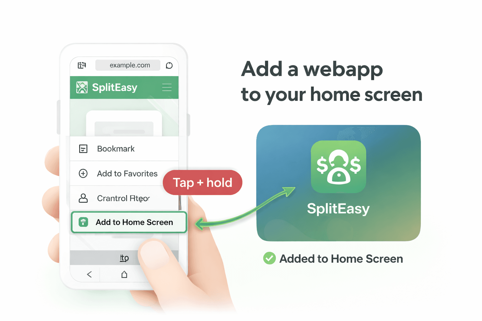 Illustration showing how to add the SplitEasy web app to your phone home screen.